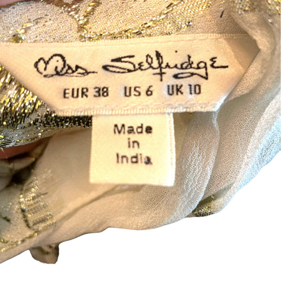 MISS SELFRIDGE SHEER RUFFLE BLOUSE WITH GOLD FLORAL EMBELLISHMENT - Picture 9 of 9